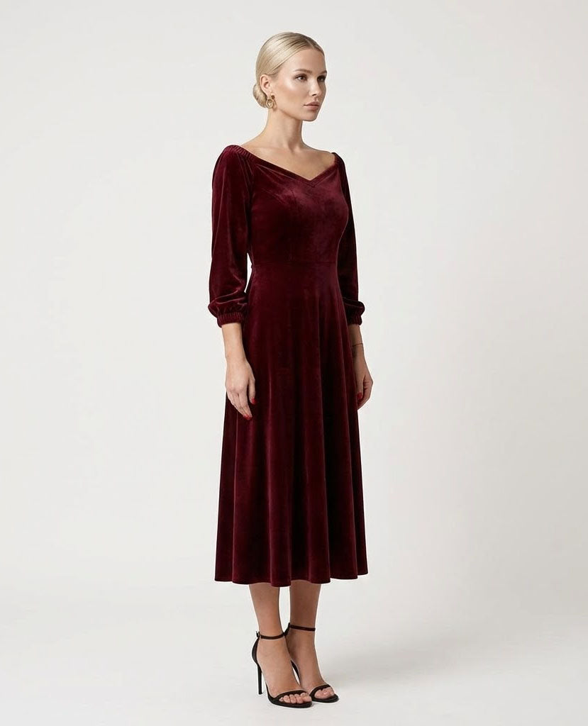 Dark Red Velvet Midi Dress – Black Swan