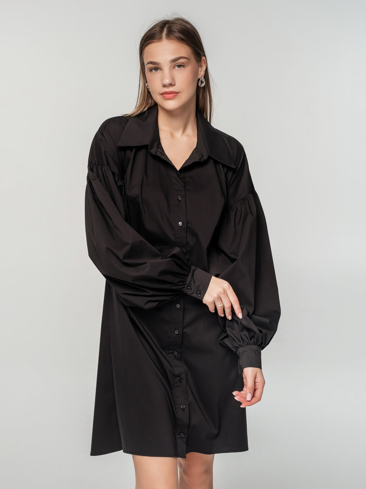 Short black shirt dress with long puff sleeves