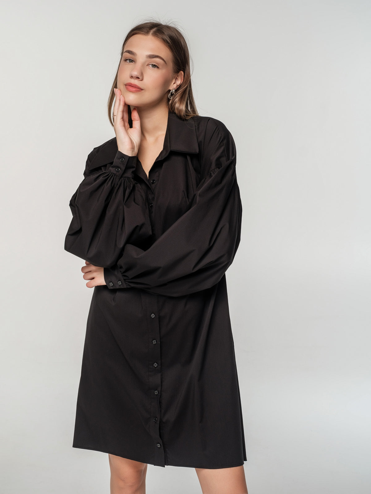 Short black shirt dress with long puff sleeves