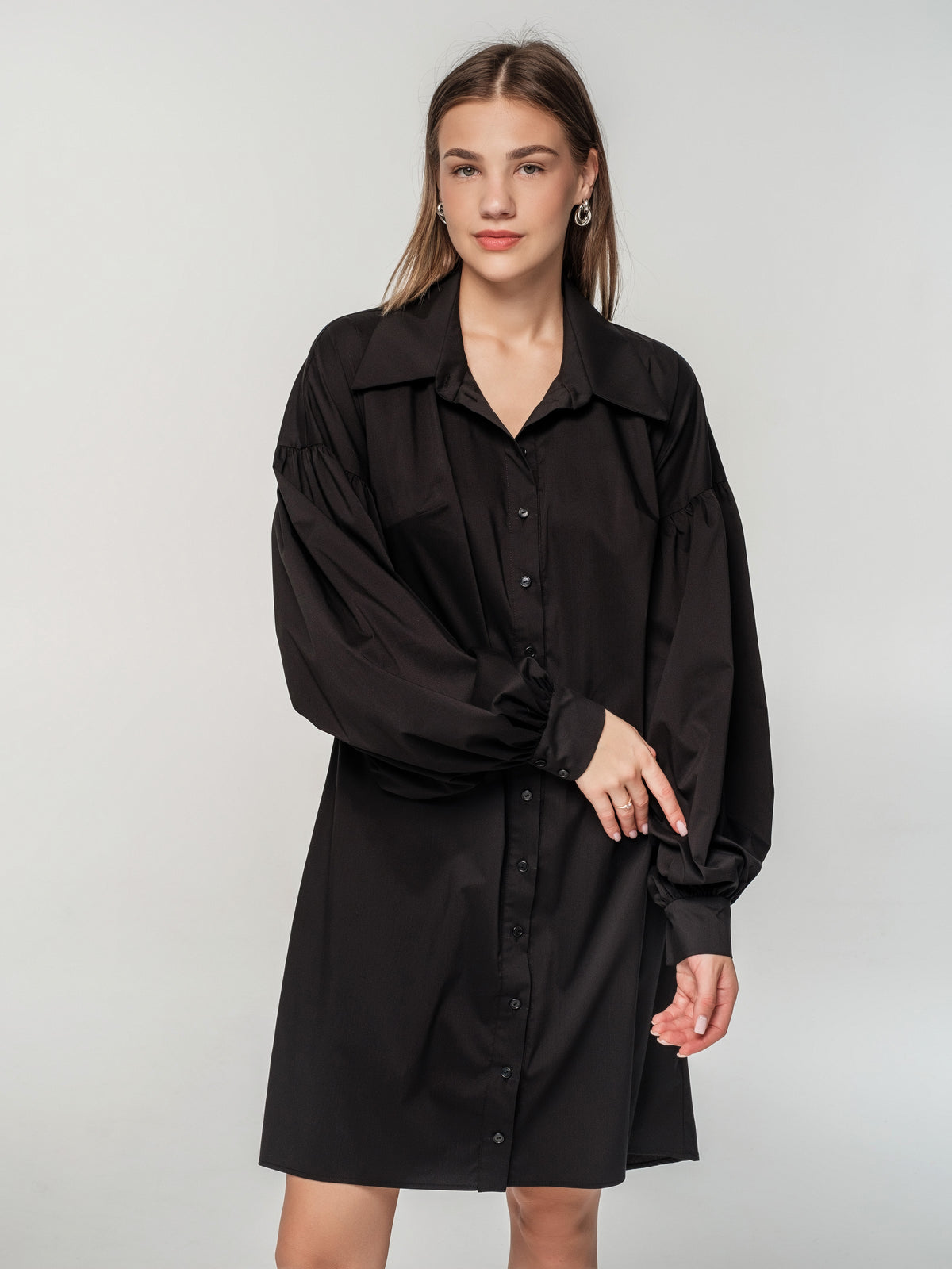 Short black shirt dress with long puff sleeves