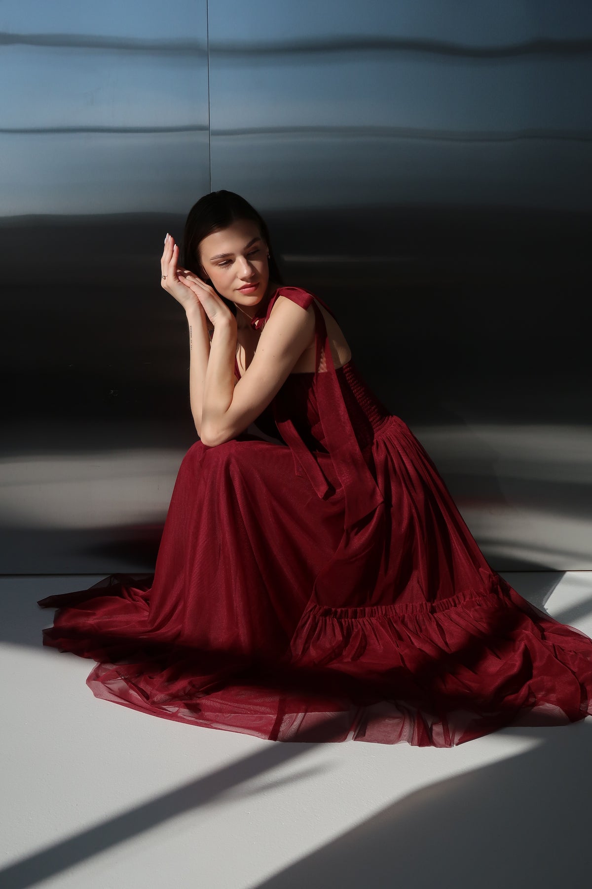 Luxurious deep red tulle corset dress