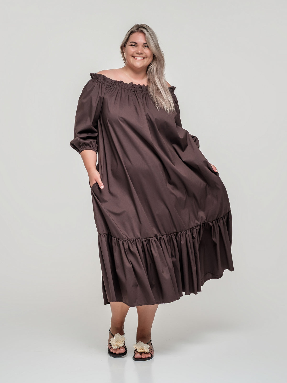Cotton Dress with Elastic Shoulders