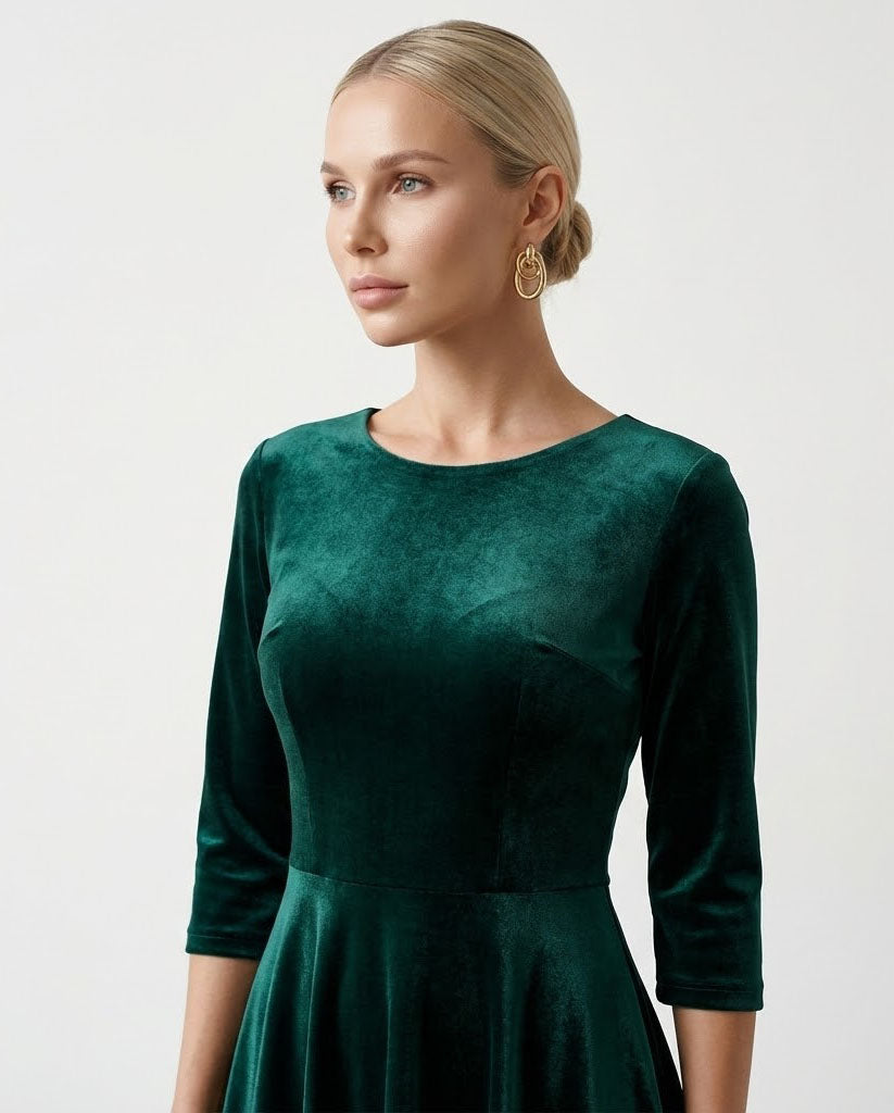 Green Velvet Midi Dress with Fitted Top