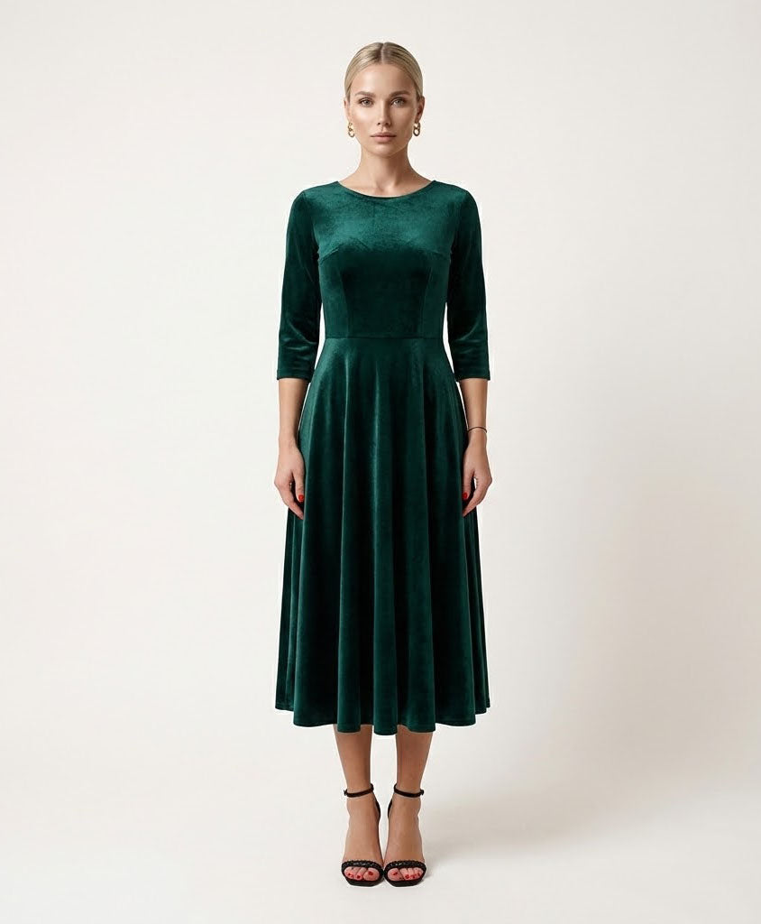 Green Velvet Midi Dress with Fitted Top