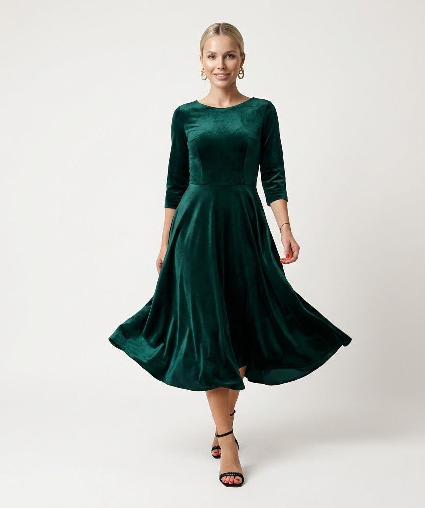 Green Velvet Midi Dress with Fitted Top