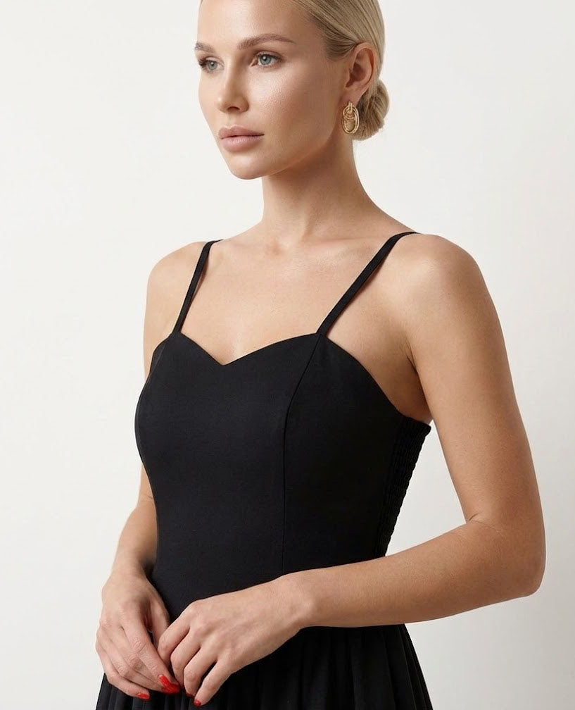 Black Midi Dress with Corset-Style Top and Full Skirt