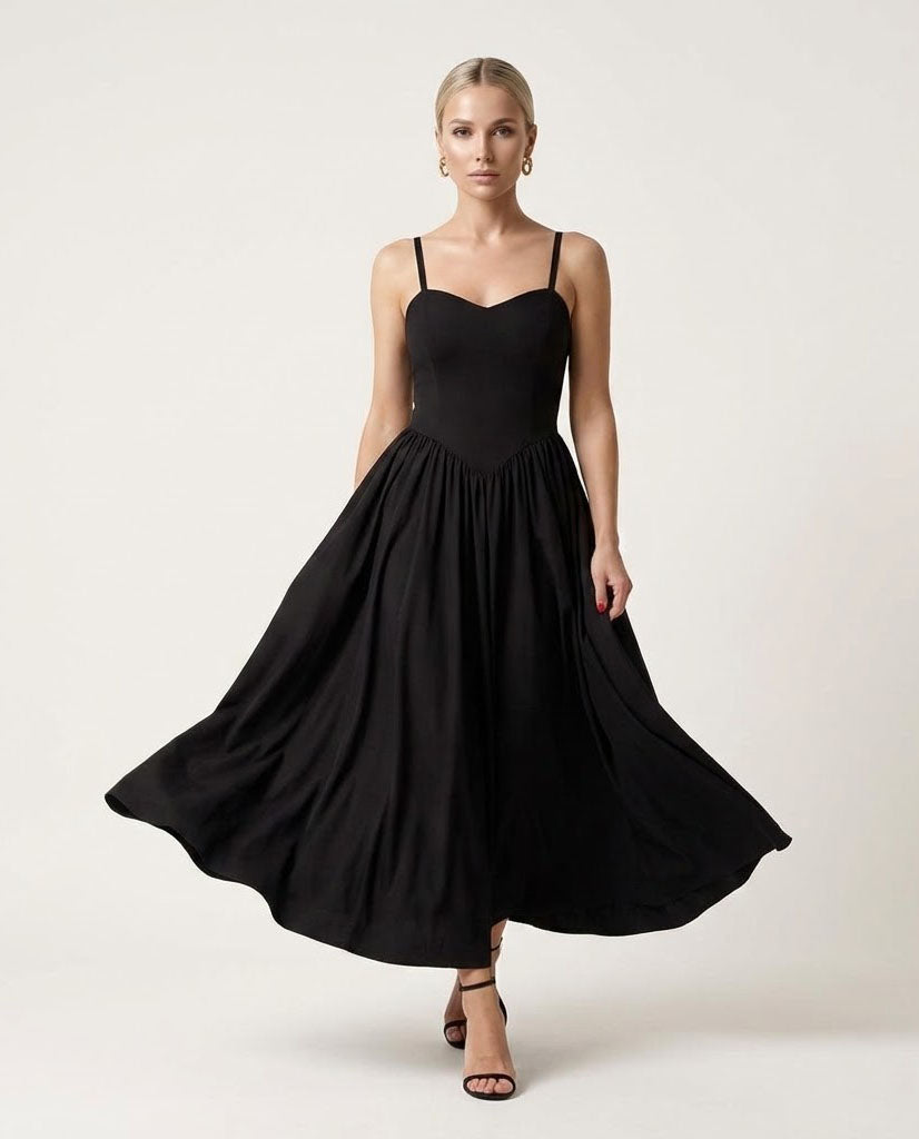 Black Midi Dress with Corset-Style Top and Full Skirt