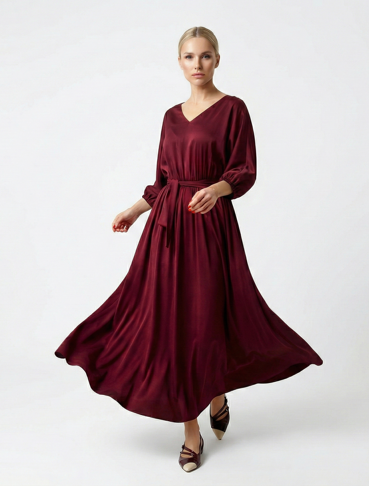 Dark red Dress with Elastic Waist and Tie Belt