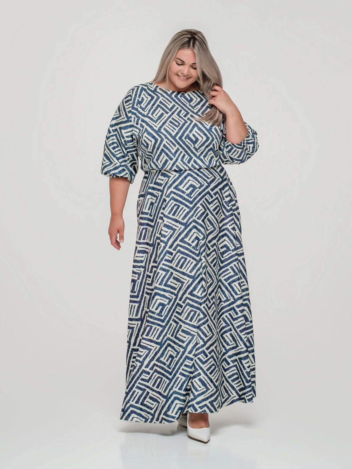 Long Geometric Print Dress with Kimono Sleeves