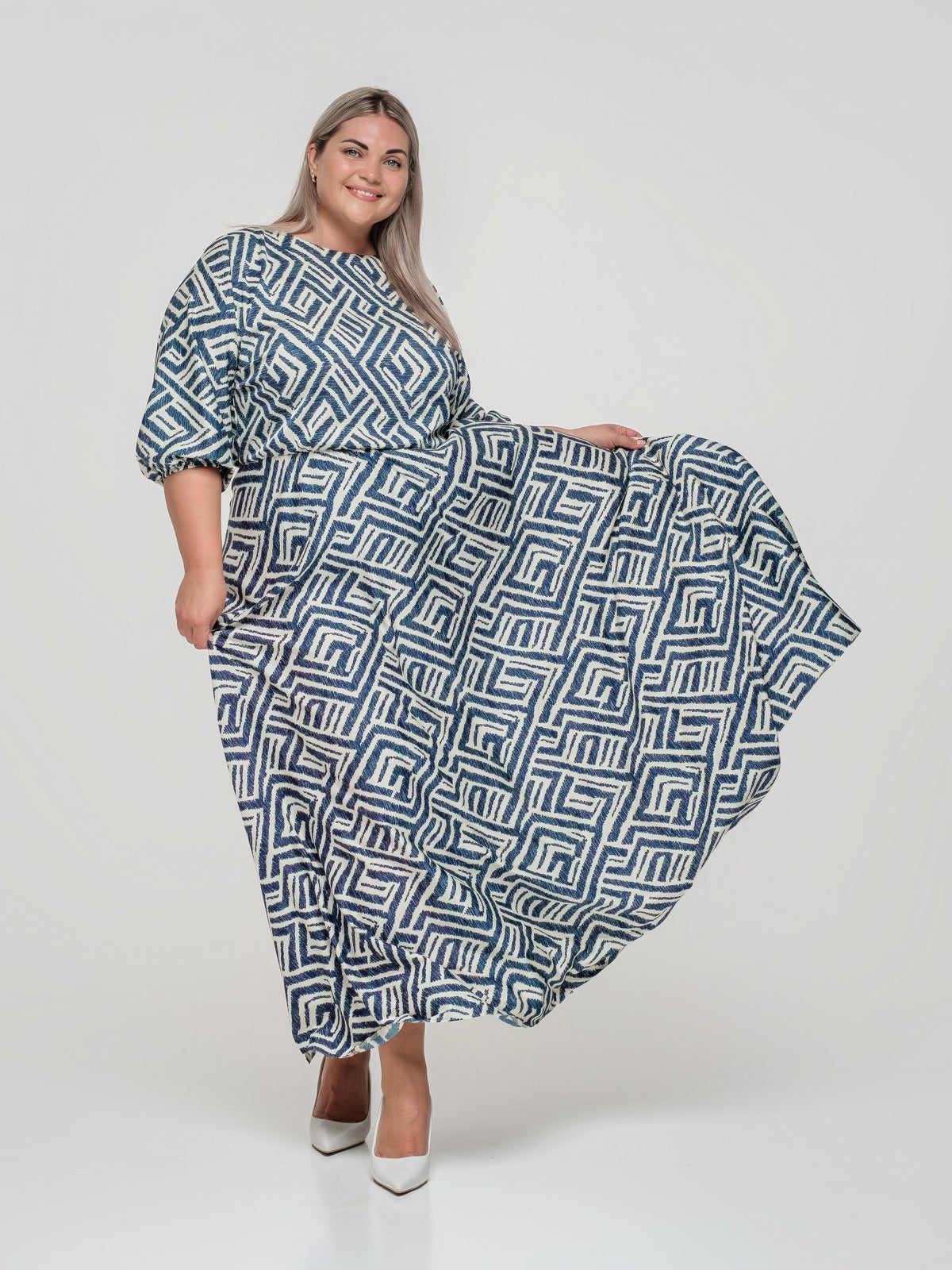 Long Geometric Print Dress with Kimono Sleeves