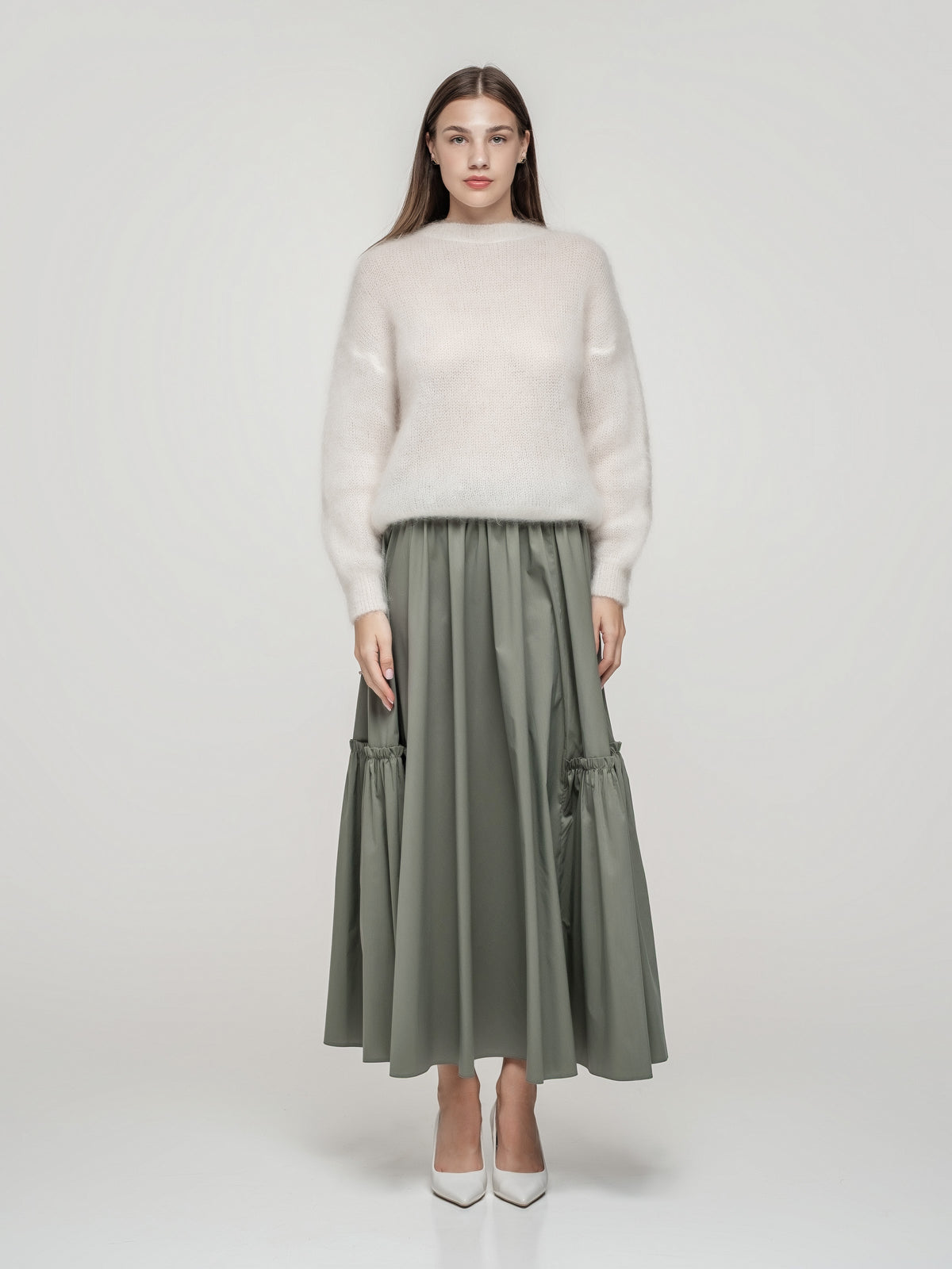 Olive green long skirt with decorative frill
