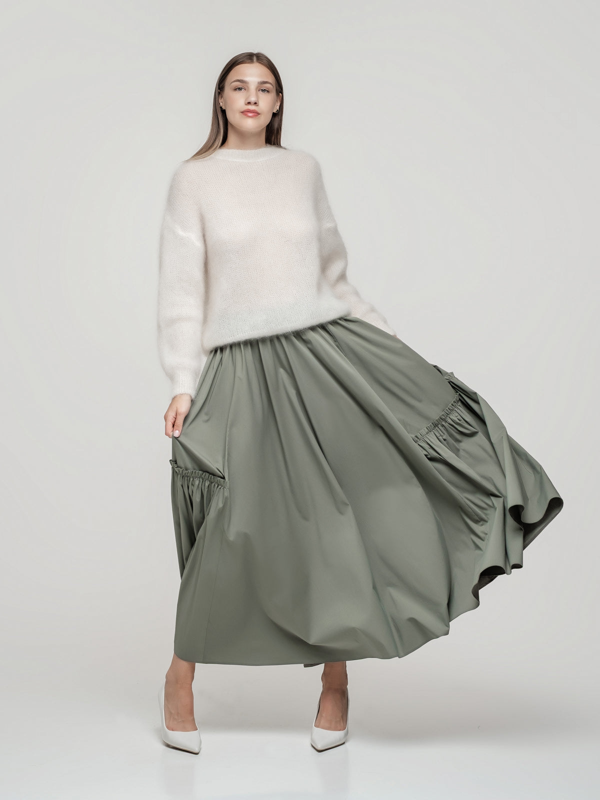 Olive green long skirt with decorative frill