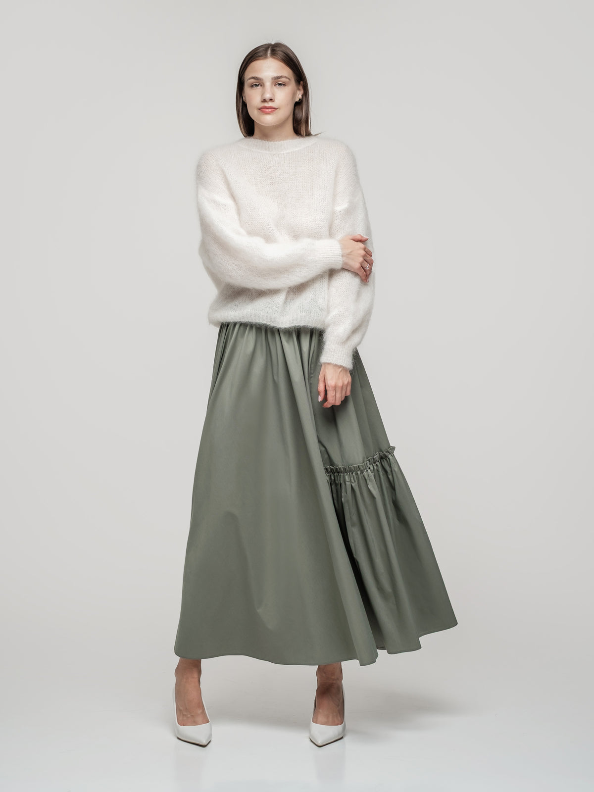 Olive green long skirt with decorative frill