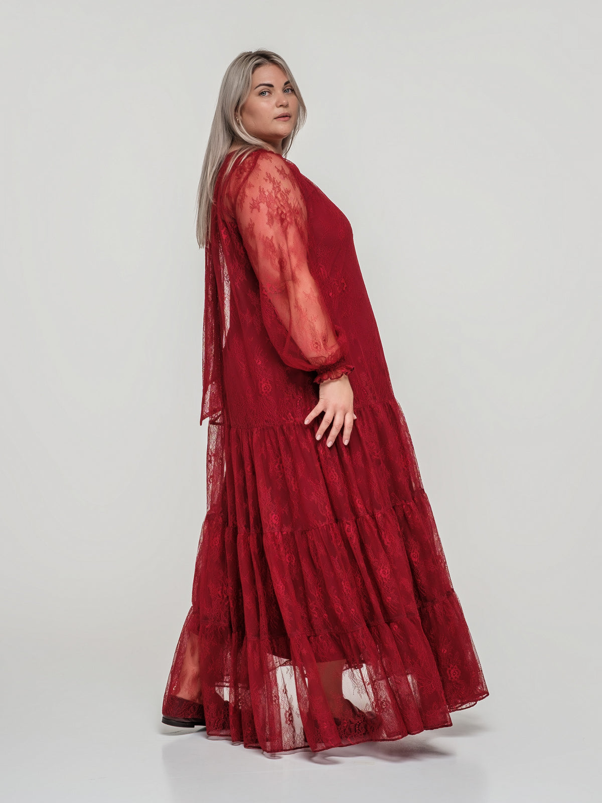 Red lace maxi dress