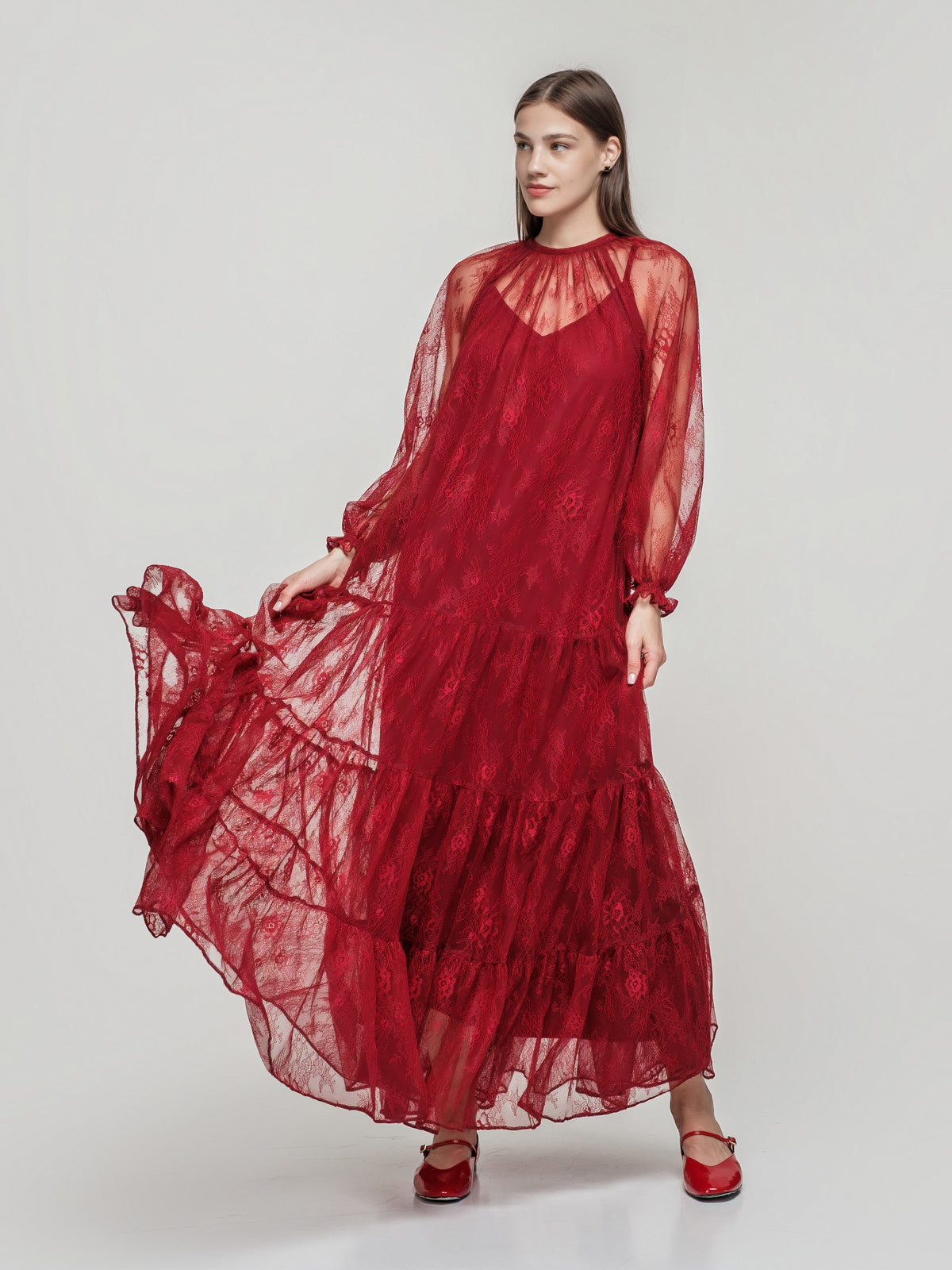 Red lace maxi dress