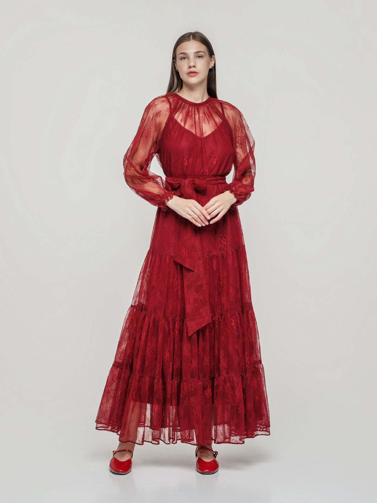 Red lace maxi dress