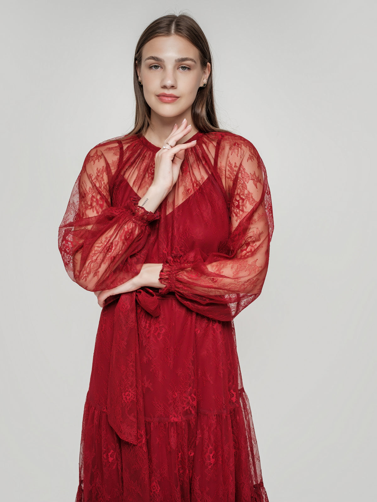Red lace maxi dress
