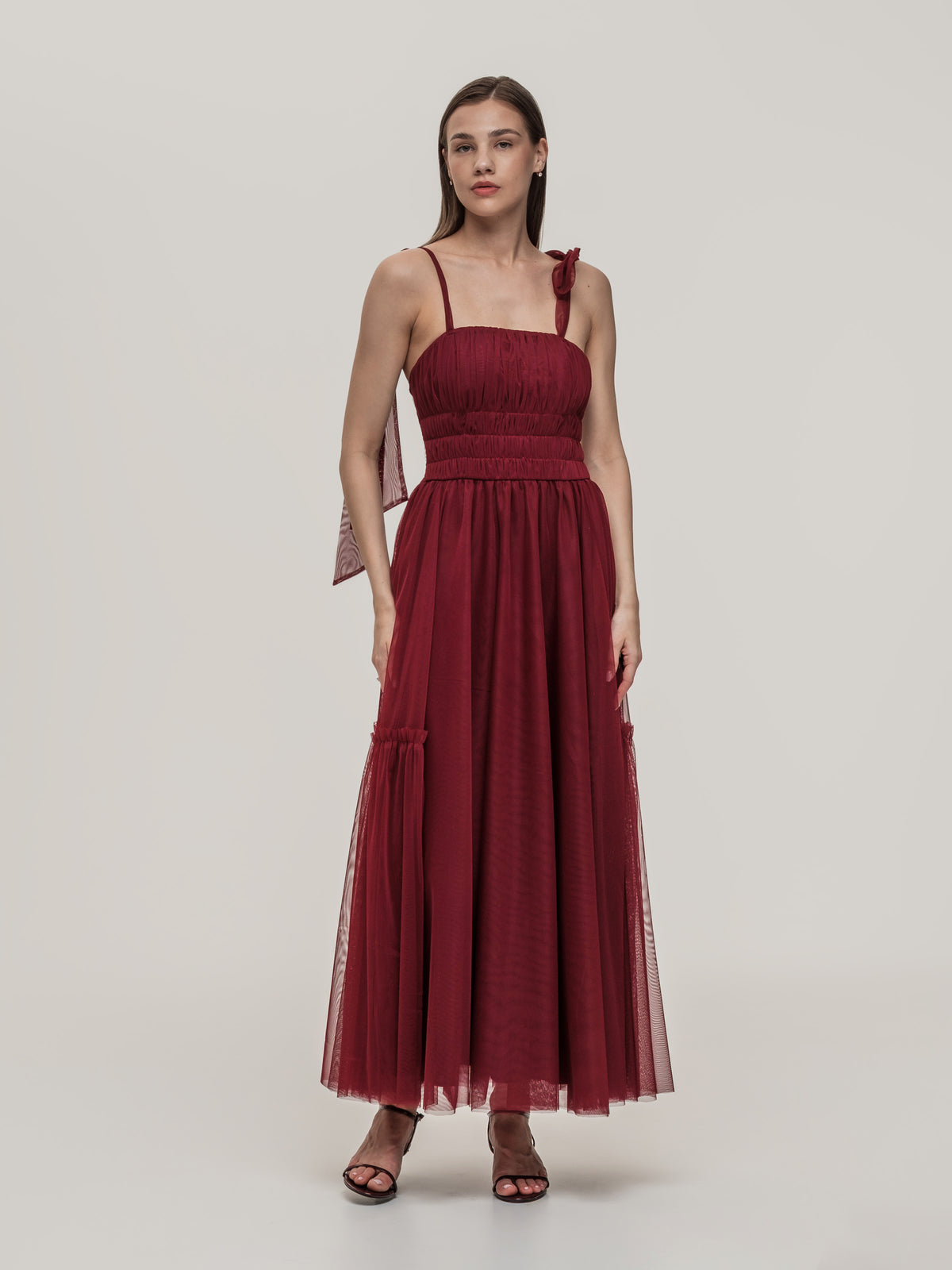 Luxurious deep red tulle corset dress