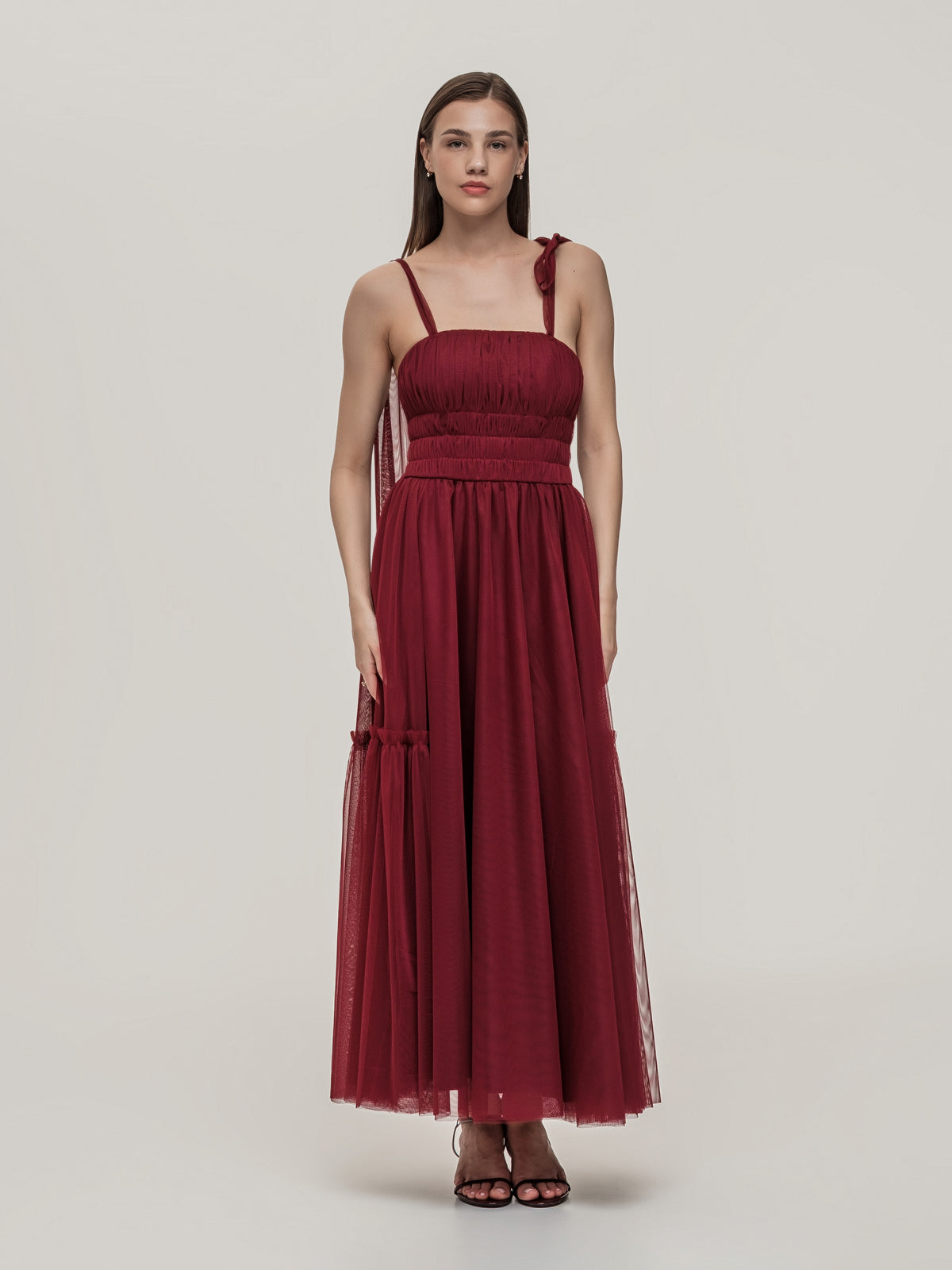 Luxurious deep red tulle corset dress