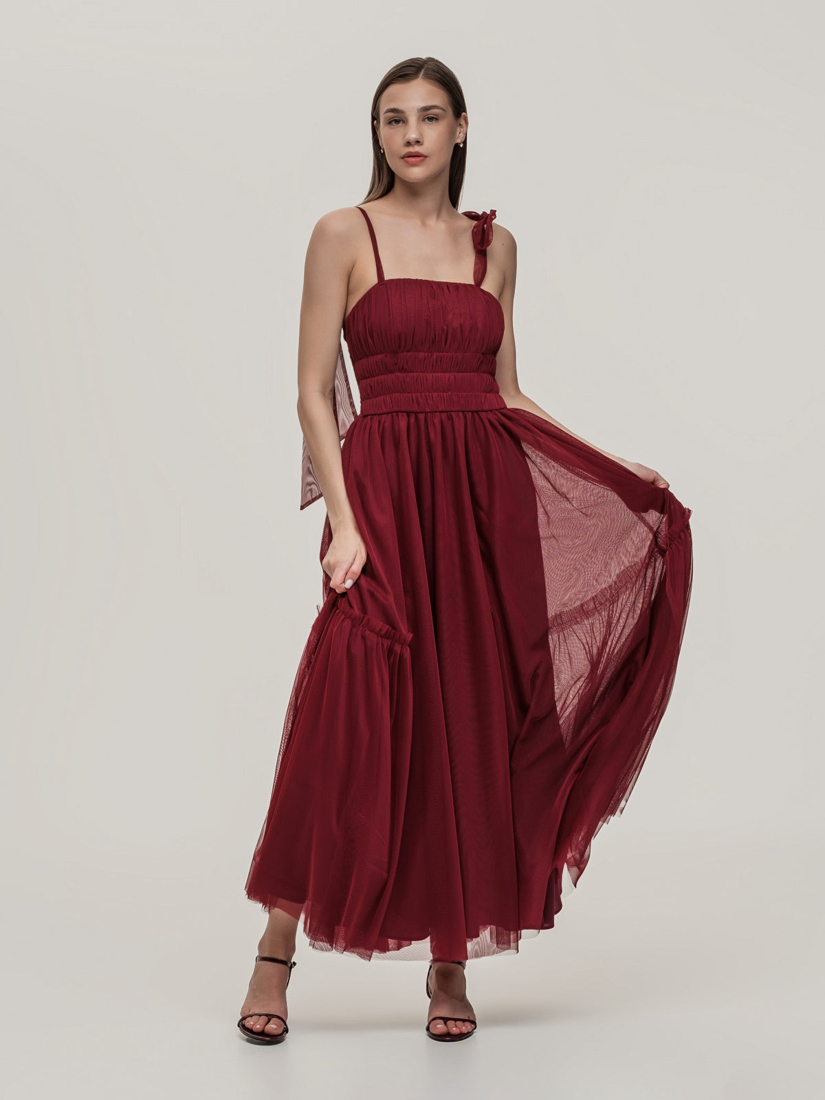 Luxurious deep red tulle corset dress