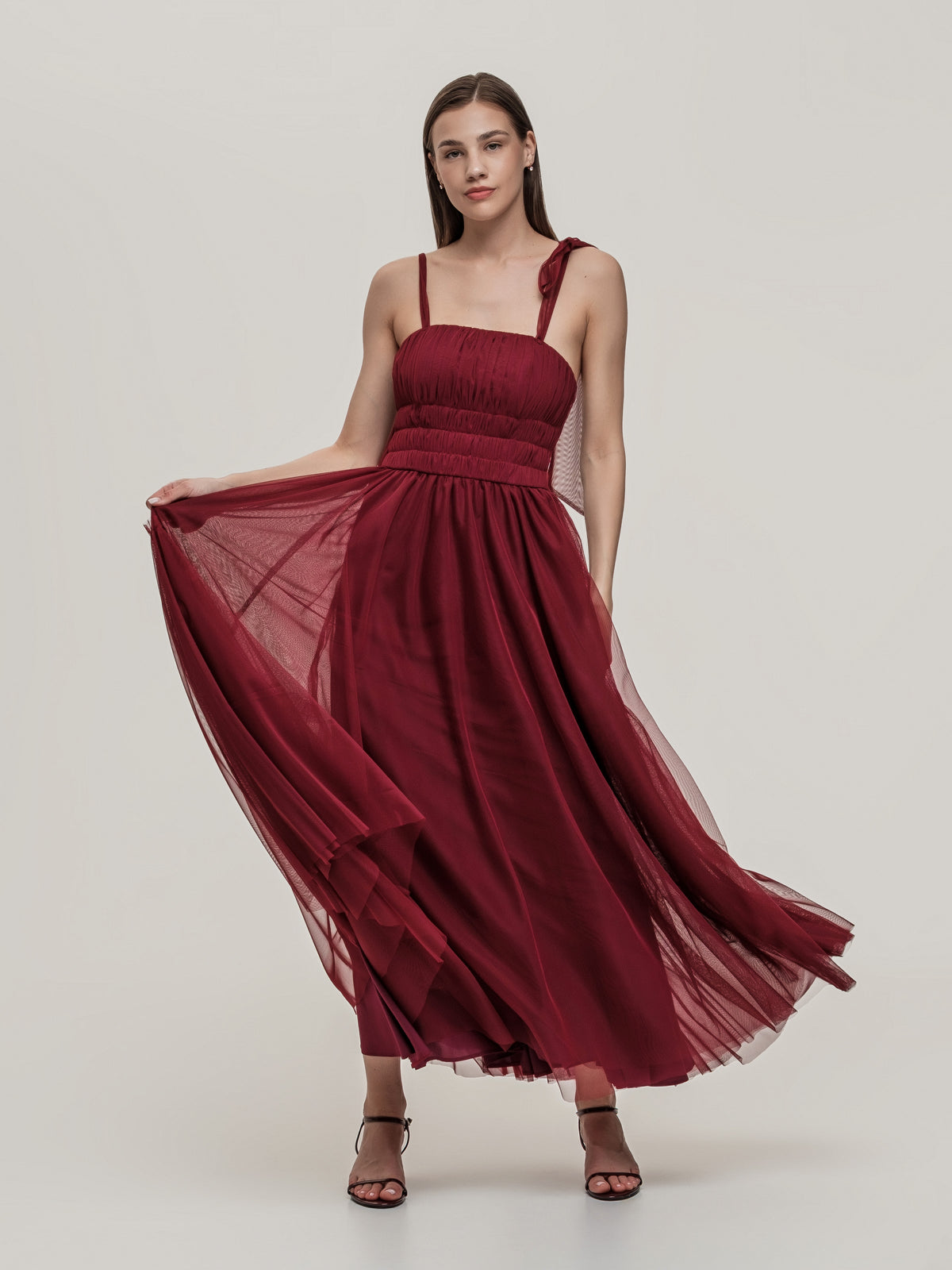 Luxurious deep red tulle corset dress