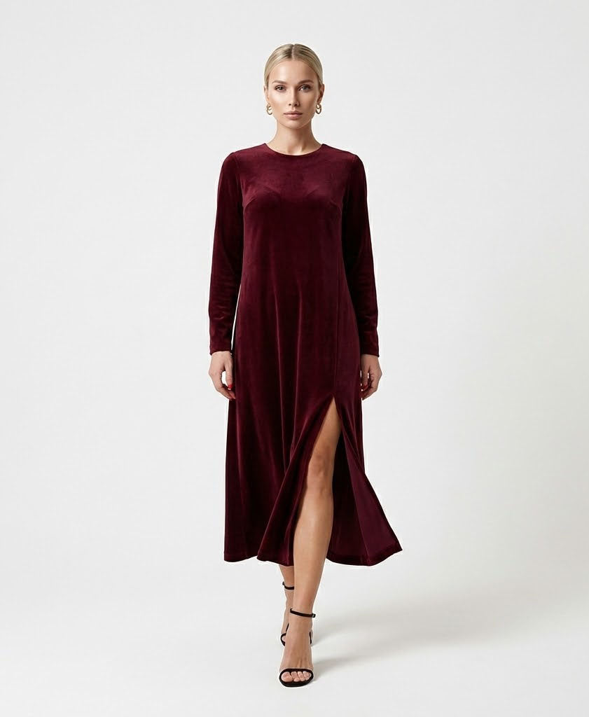 Velvet A-Line Extended Midi Dress with Side Slit