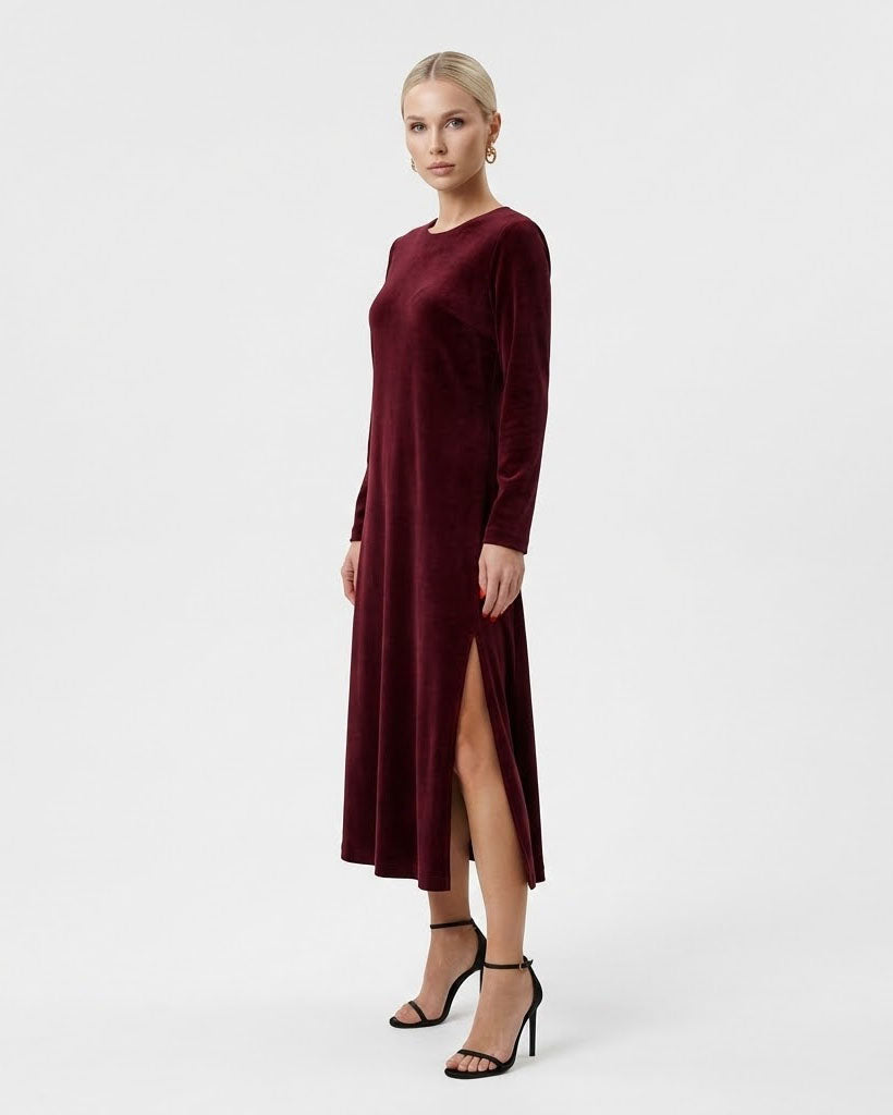 Velvet A-Line Extended Midi Dress with Side Slit