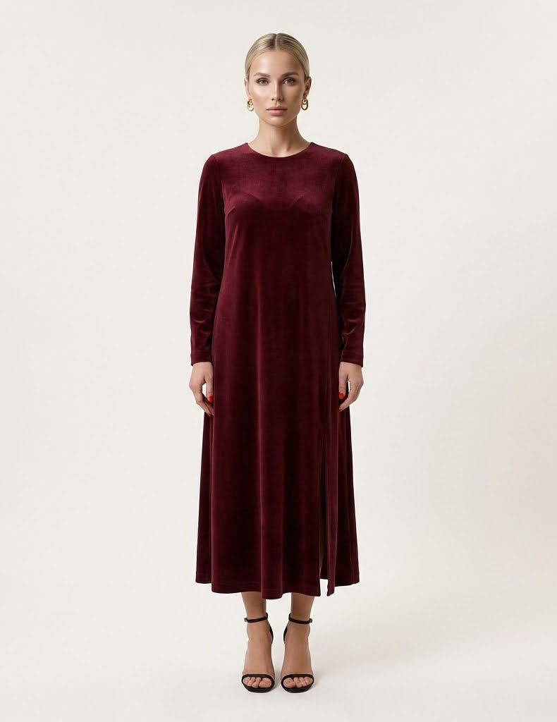 Velvet A-Line Extended Midi Dress with Side Slit