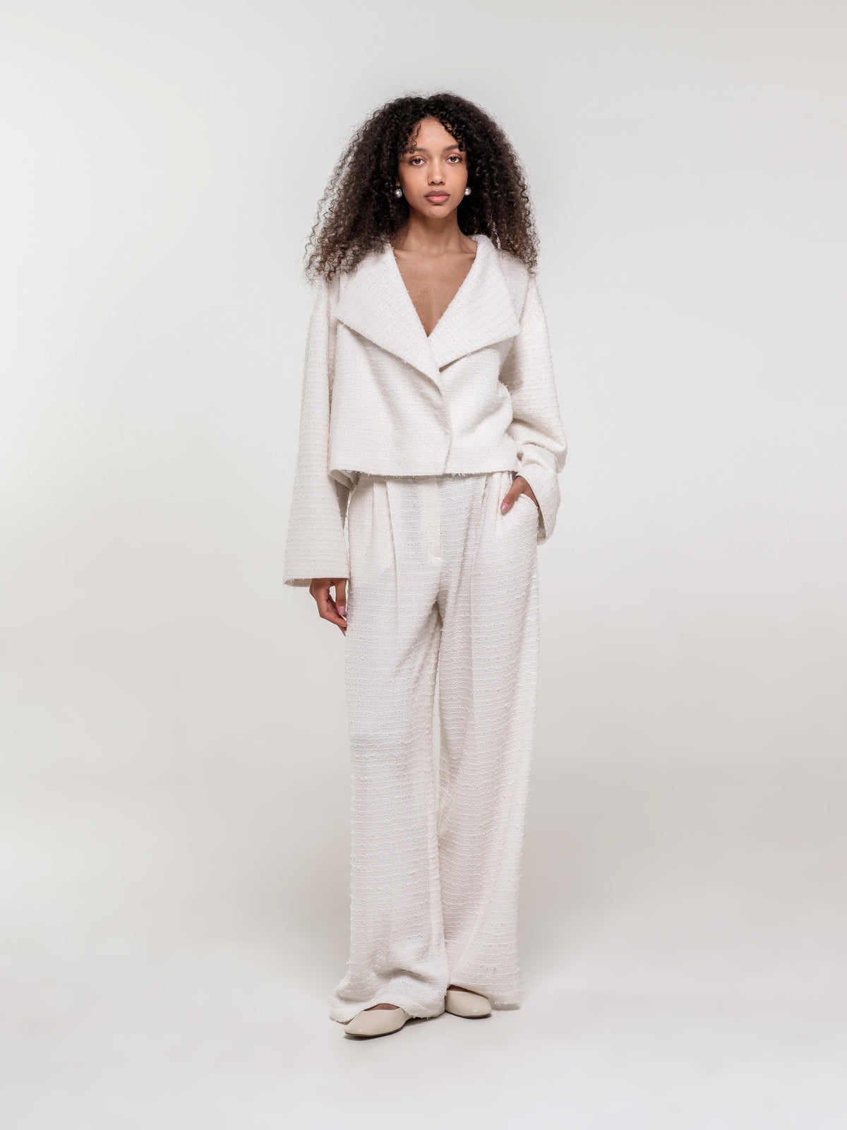 White textured wide fit trousers