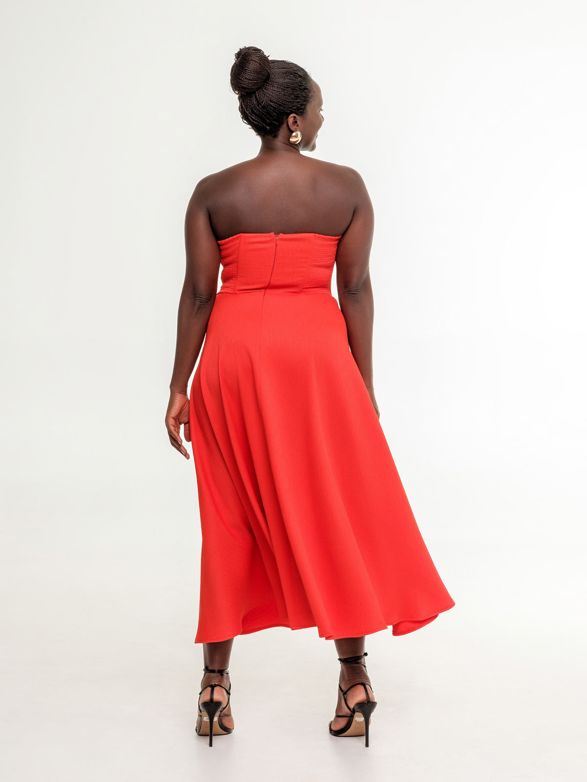 bright red midi occasion dress fitted top back zipper 