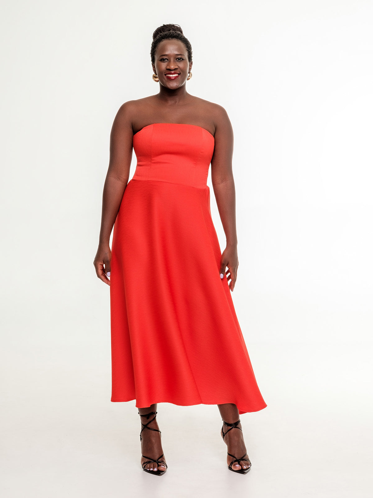 bright red midi occasion dress fitted top back zipper corset top