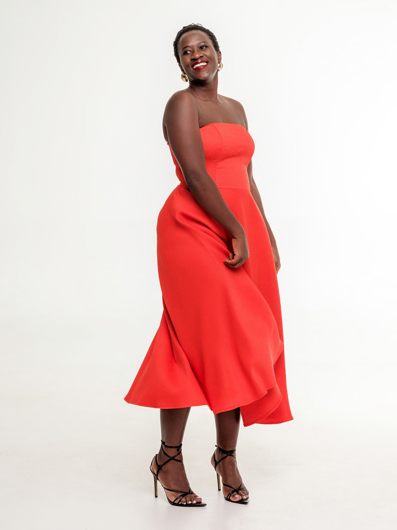 bright red midi occasion dress fitted top back zipper corset top