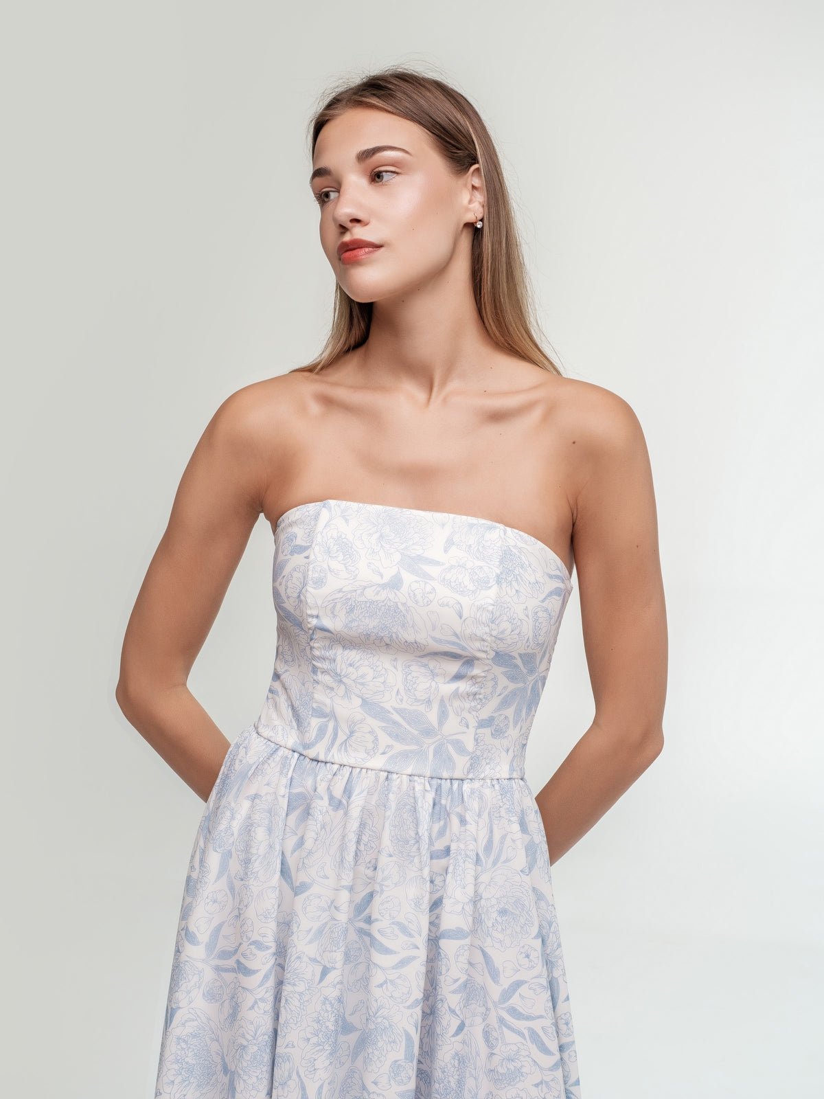 Midi corset white dress with pastel blue pattern