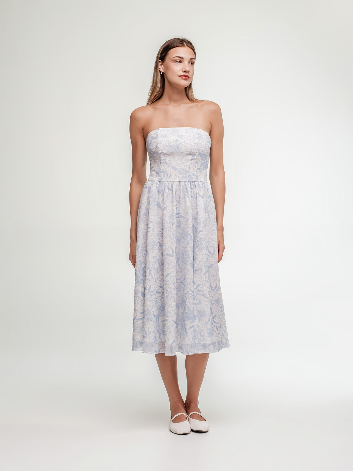 Midi corset white dress with pastel blue pattern