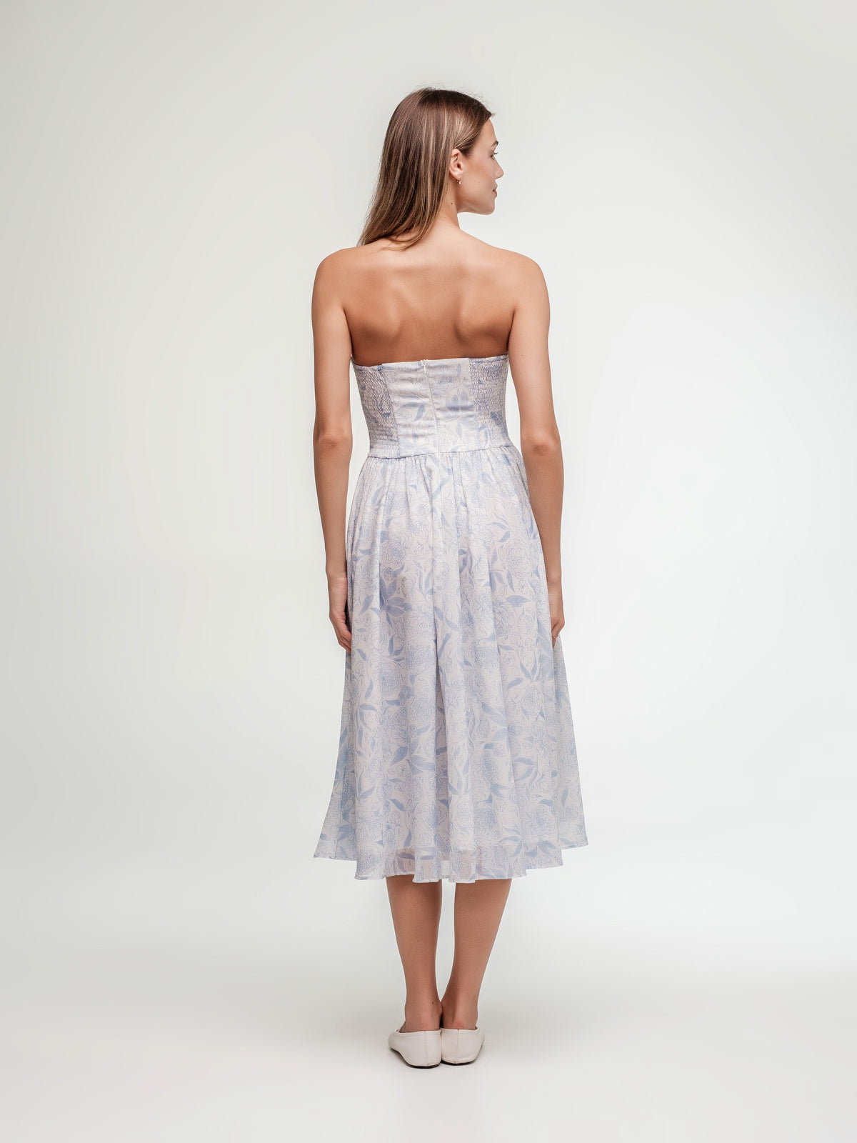 Midi corset white dress with pastel blue pattern