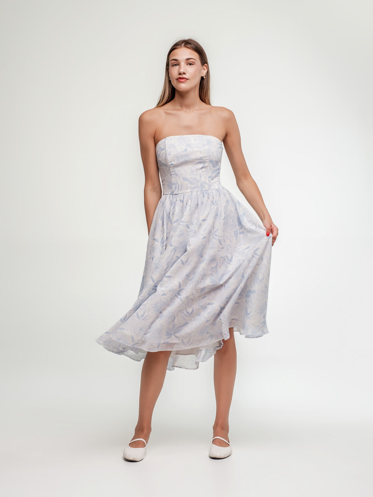 Midi corset white dress with pastel blue pattern