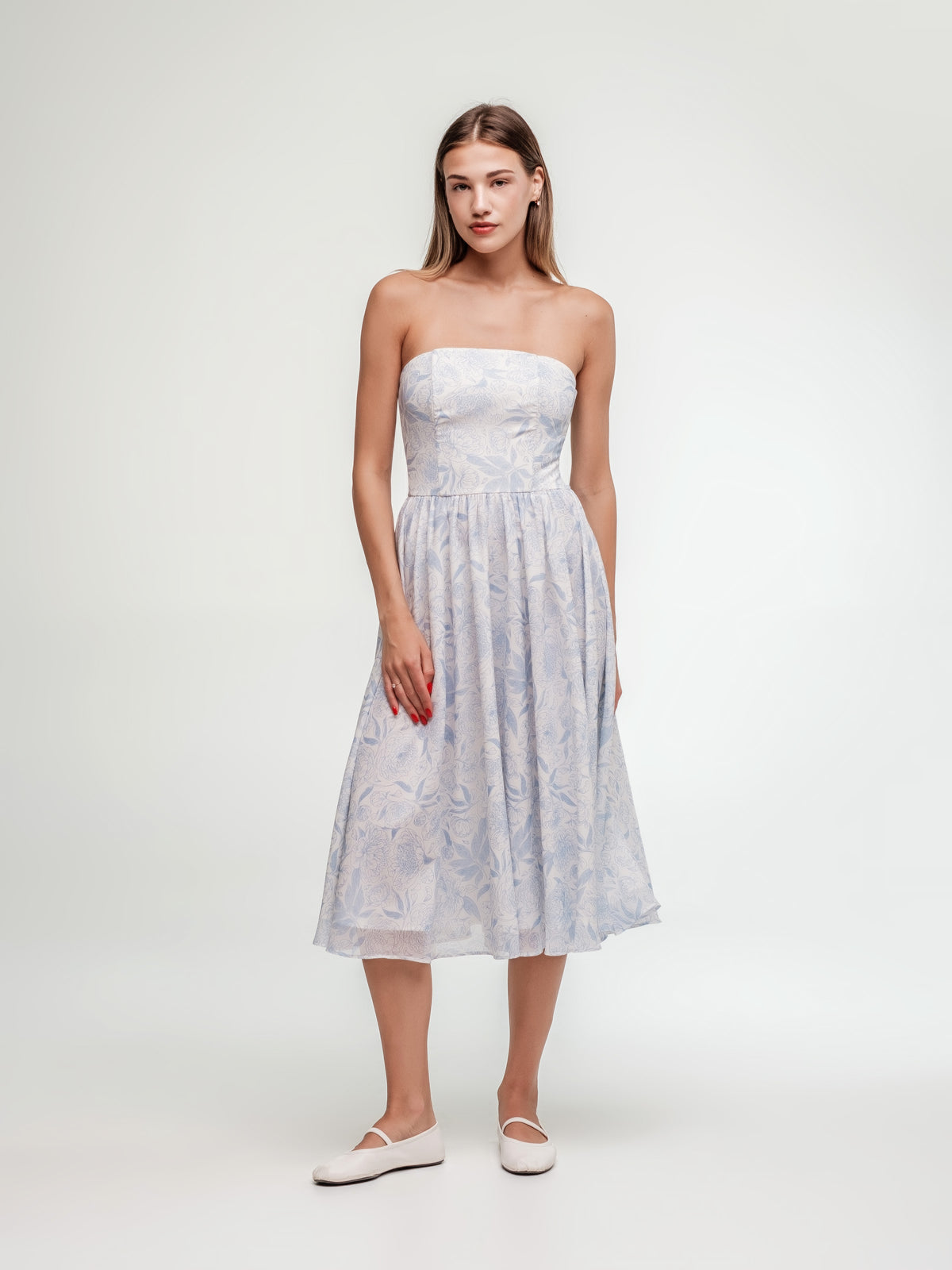 Midi corset white dress with pastel blue pattern