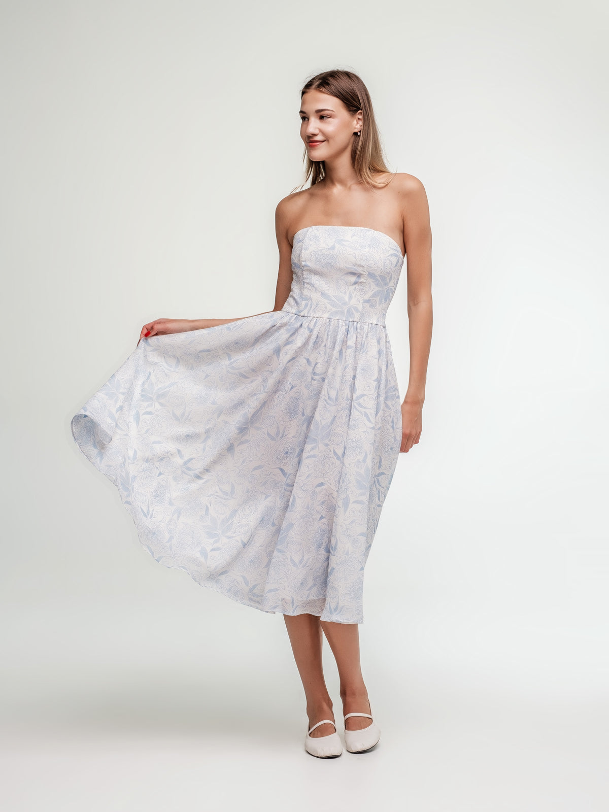 Midi corset white dress with pastel blue pattern