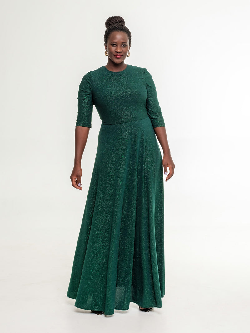 deep green long glittery occasion dress side L size model full size