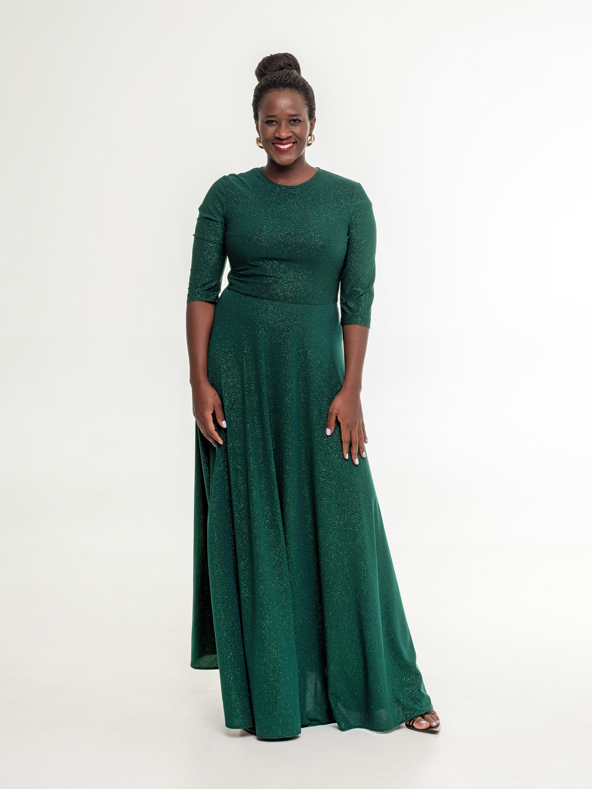 deep green long glittery occasion dress side L size model